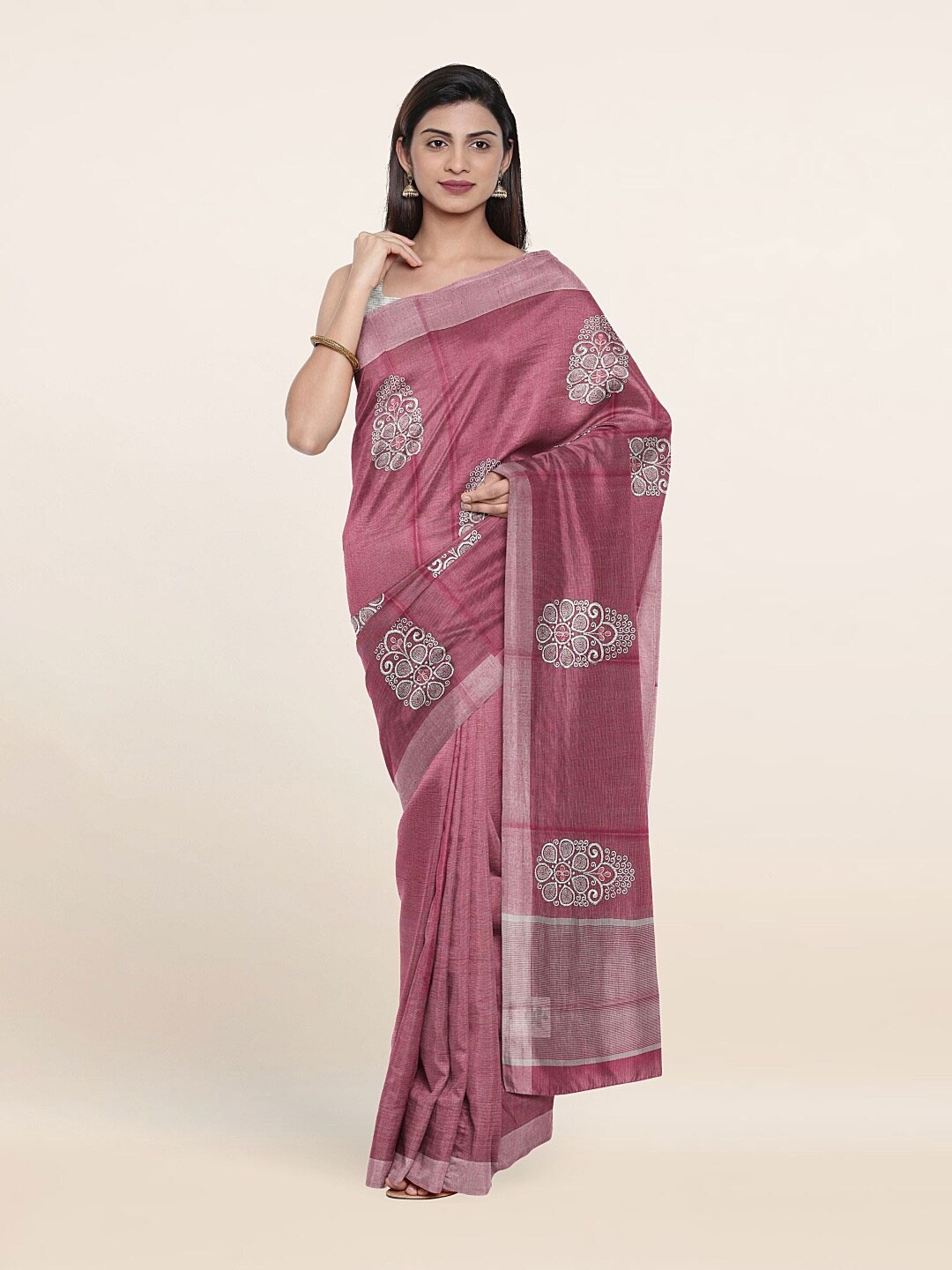 

Pothys Magenta & Silver-Toned Ethnic Motifs Zari Tissue Saree