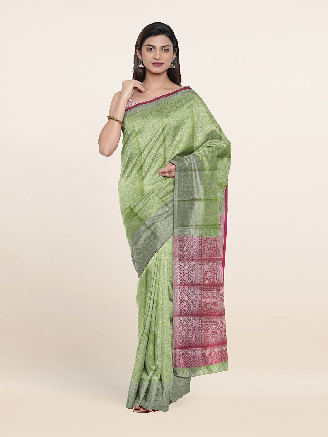 

Pothys Green & Pink Ethnic Motifs Zari Tissue Saree