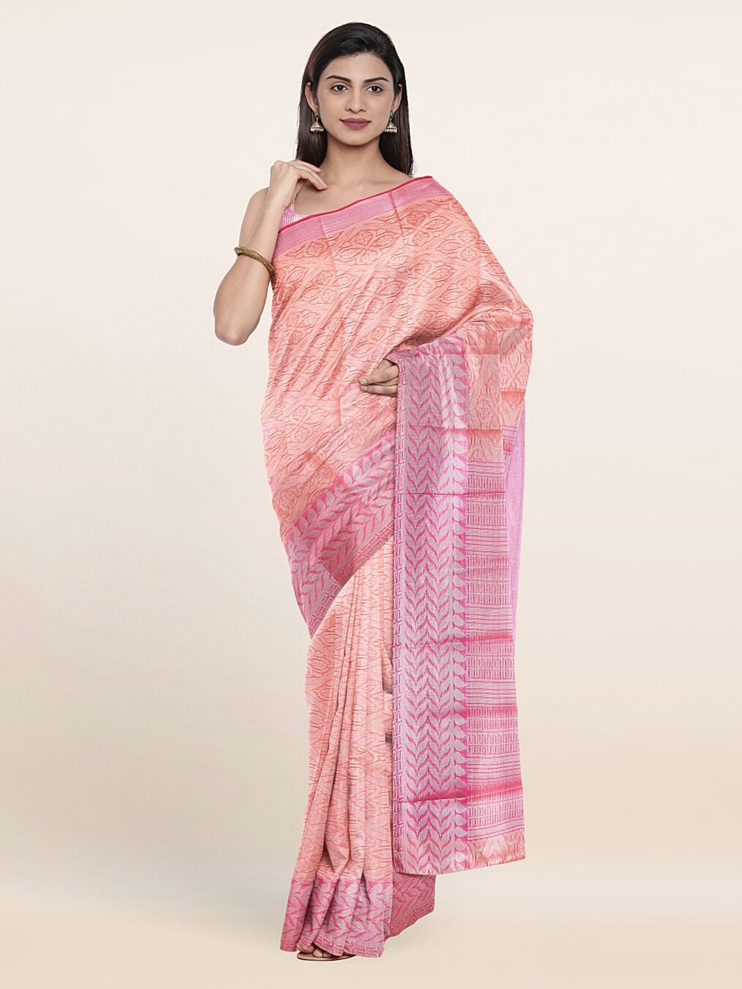 

Pothys Peach-Coloured & Silver-Toned Ethnic Motifs Tissue Saree