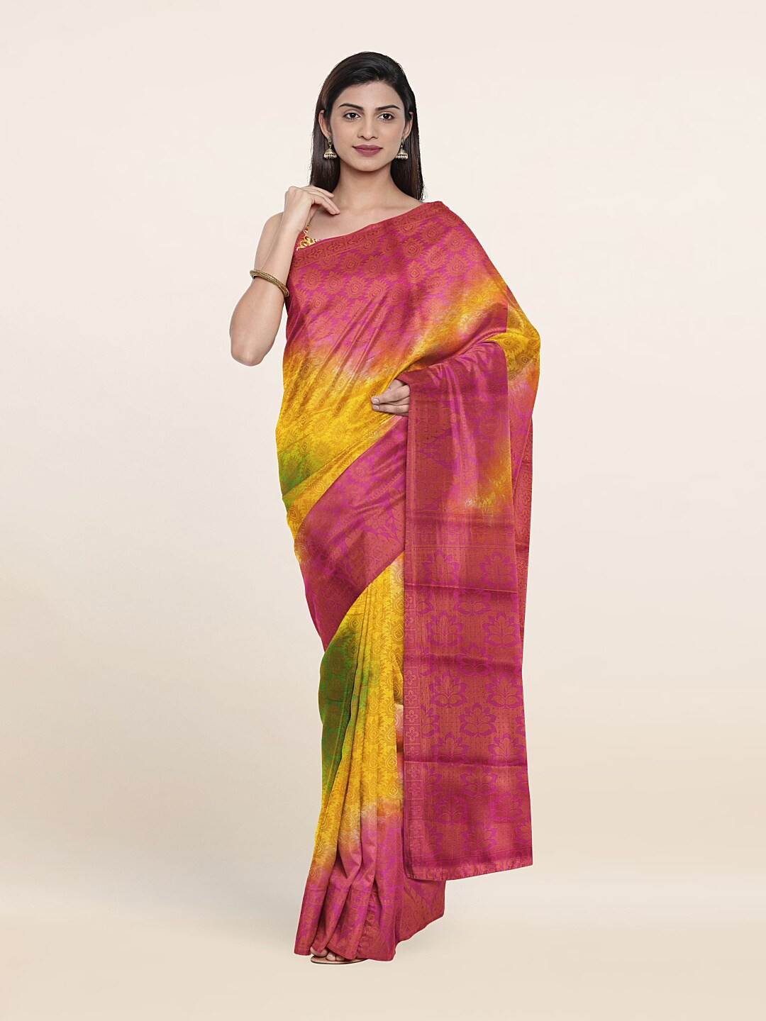 

Pothys Pink & Yellow Ethnic Motifs Zari Art Silk Saree