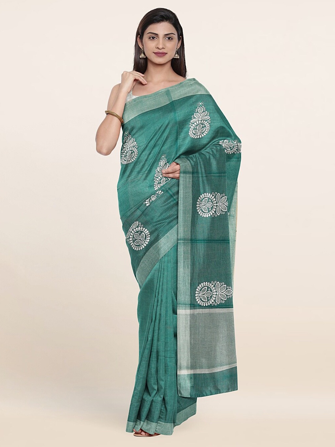 

Pothys Green & Grey Ethnic Motifs Zari Tissue Saree