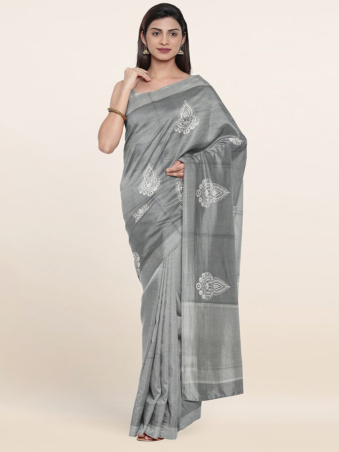 

Pothys Grey Ethnic Motifs Tissue Saree