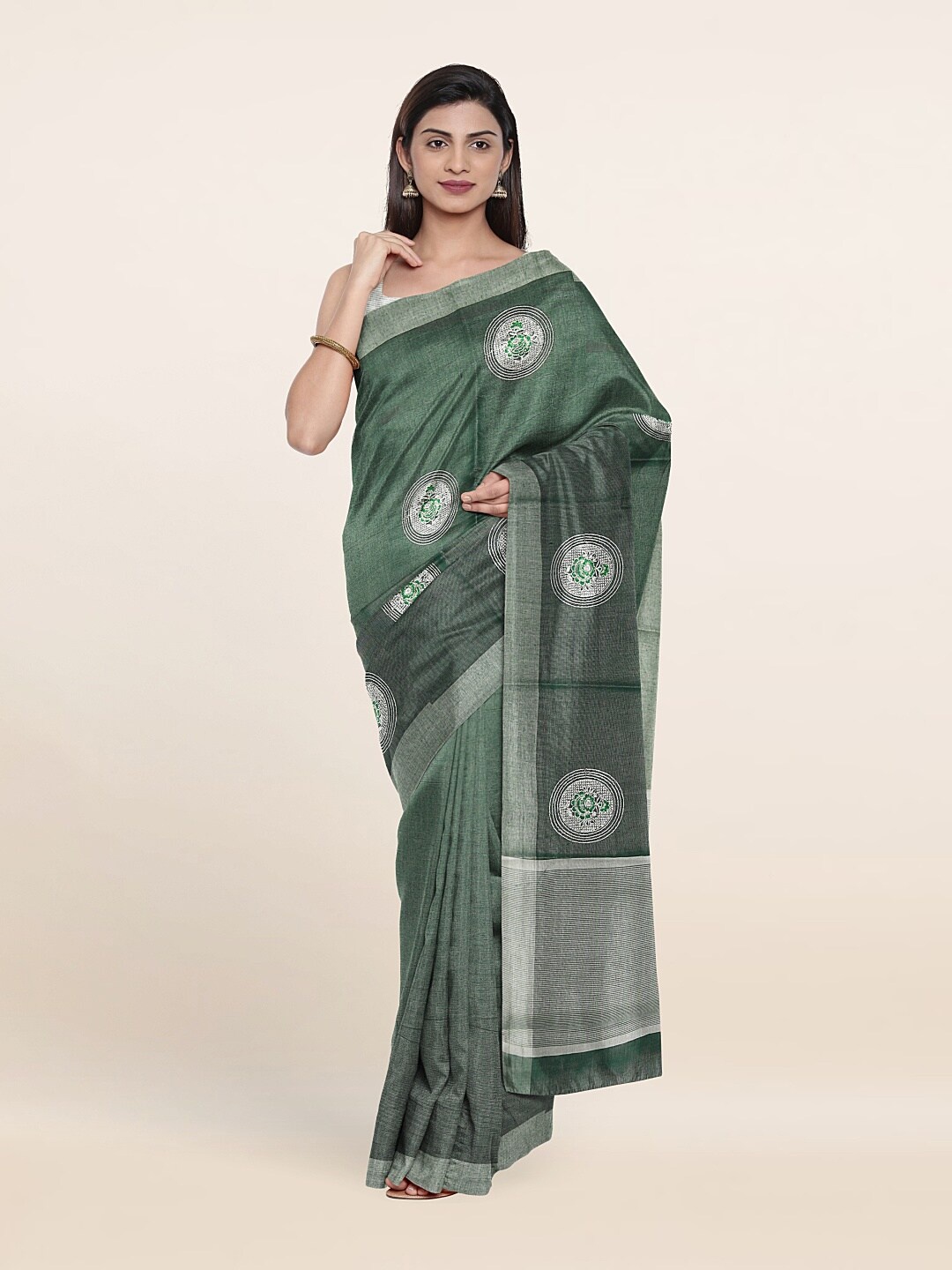 

Pothys Green & Silver-Toned Floral Tissue Saree