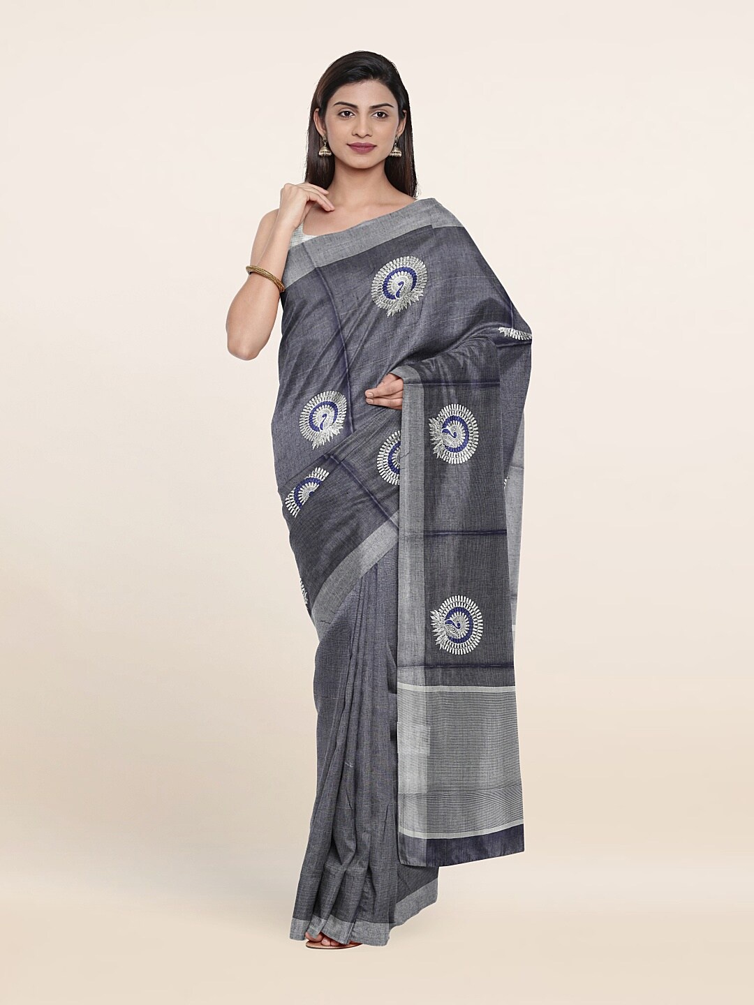 

Pothys Blue & Silver-Toned Ethnic Motifs Zari Tissue Saree