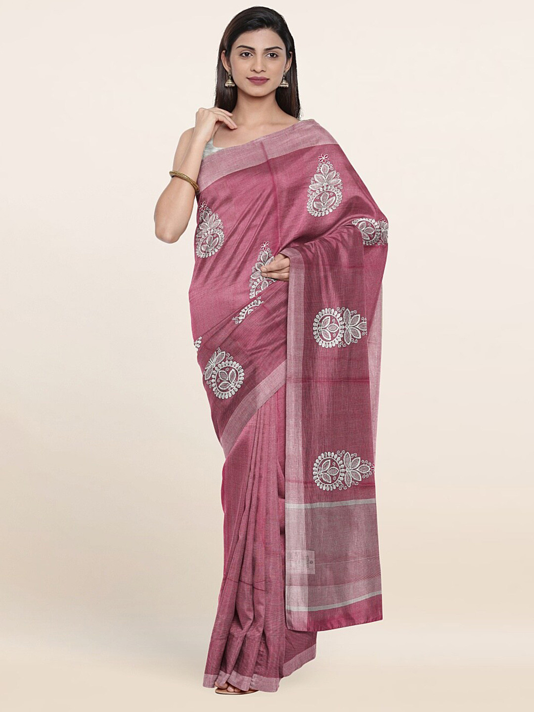 

Pothys Pink & Silver-Toned Floral Tissue Saree