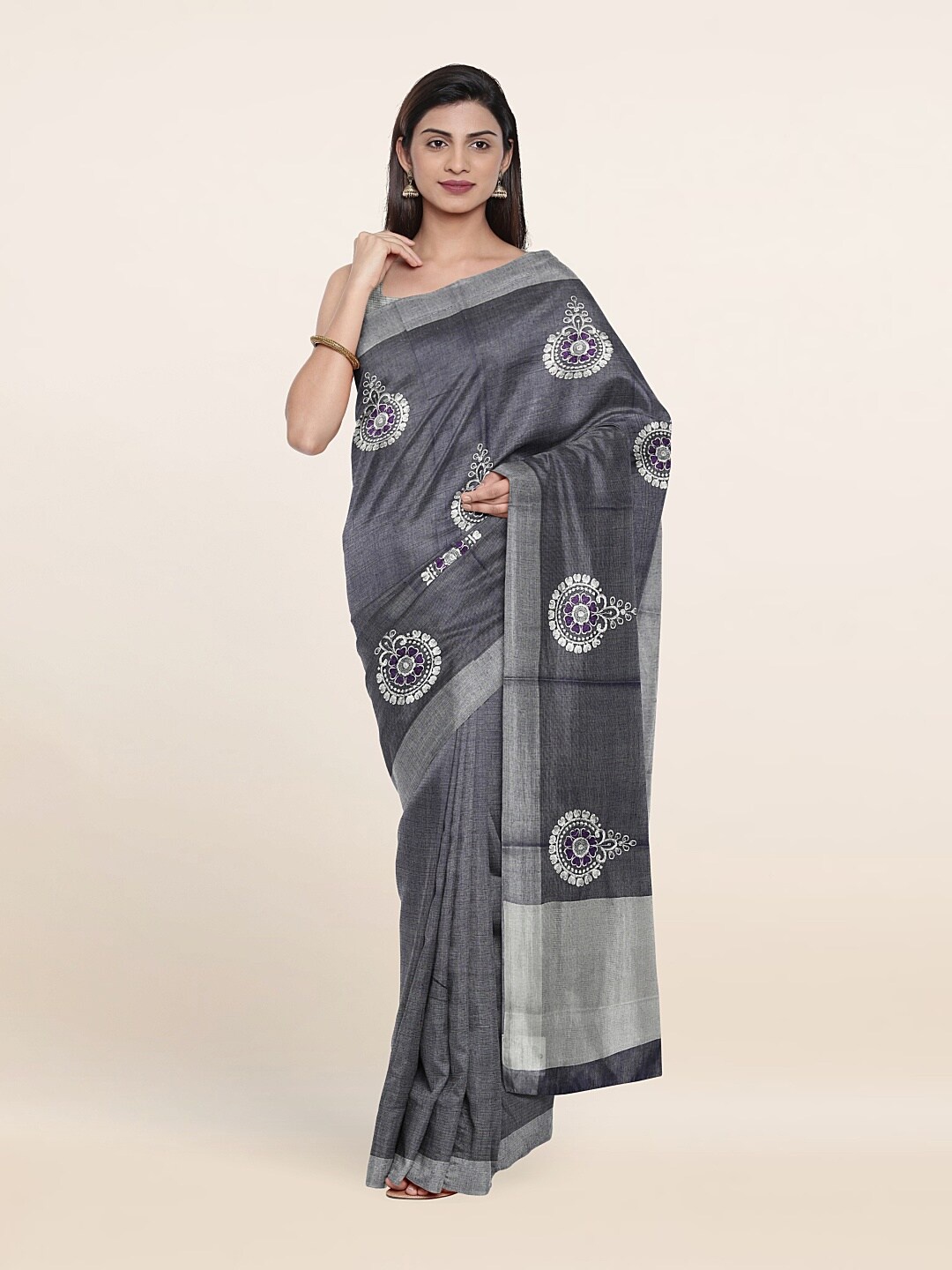 

Pothys Blue & Silver-Toned Ethnic Motifs Embroidered Tissue Saree