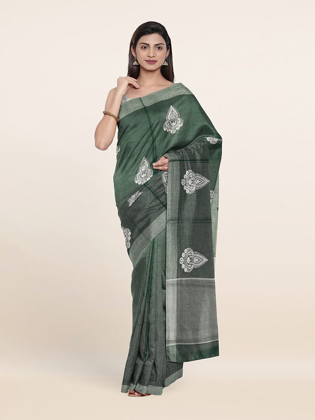 

Pothys Green Ethnic Motifs Embroidered Tissue Saree