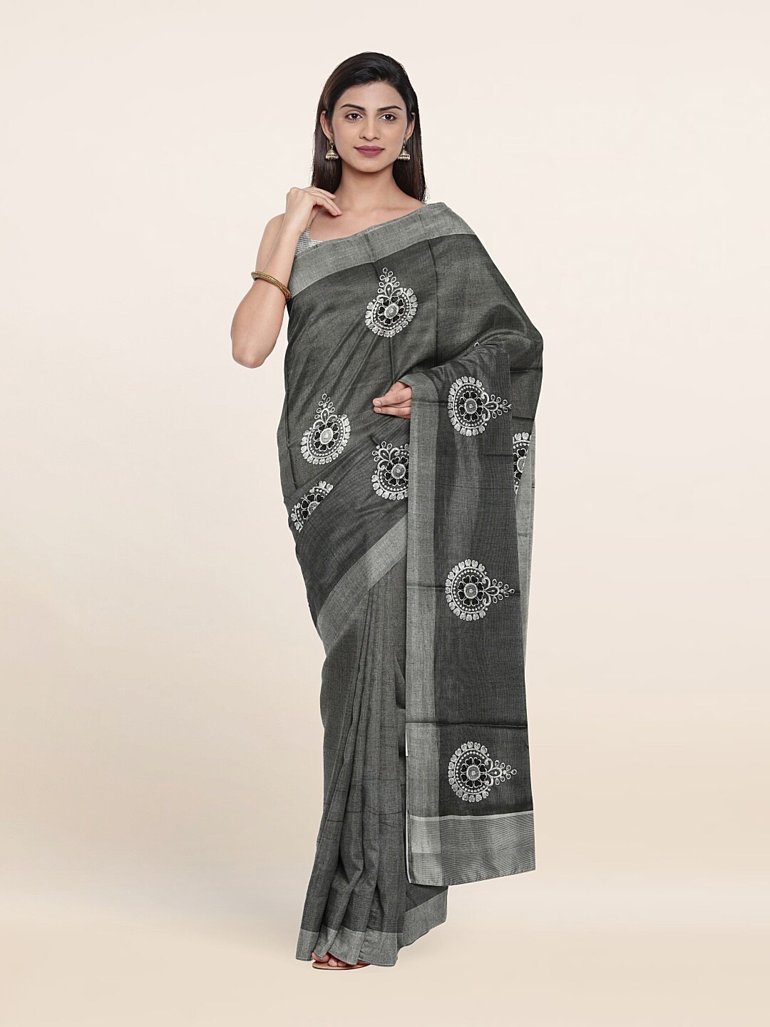 

Pothys Black & Silver-Toned Embroidered Ethnic Motifs Tissue Saree