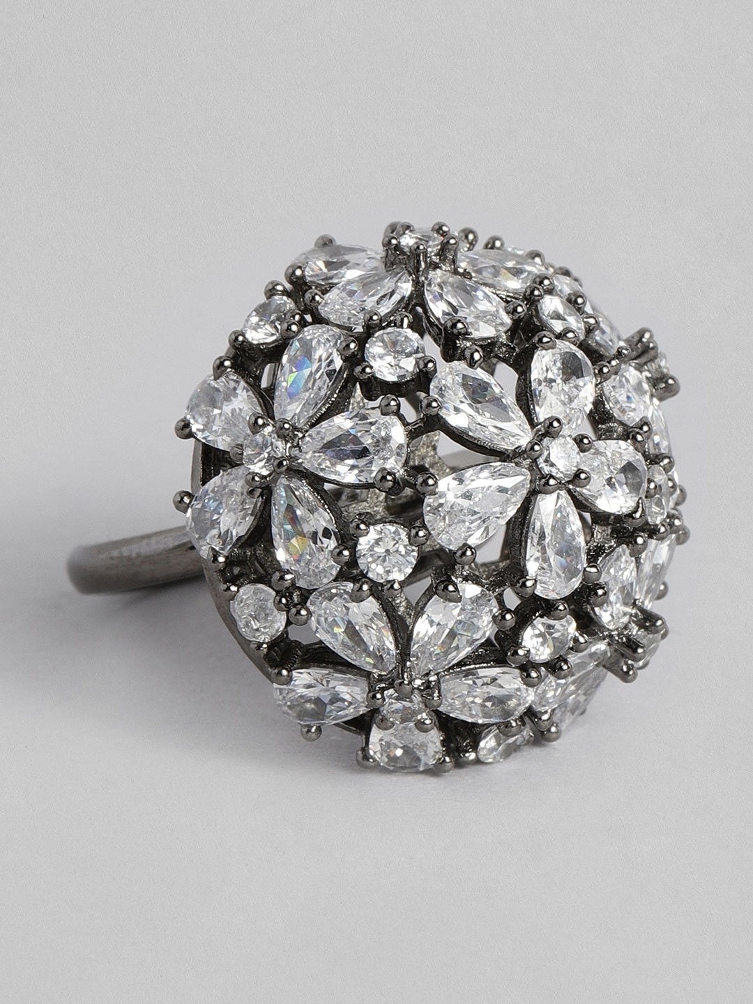 

MIDASKART Silver-Toned White CZ Studded Finger Ring