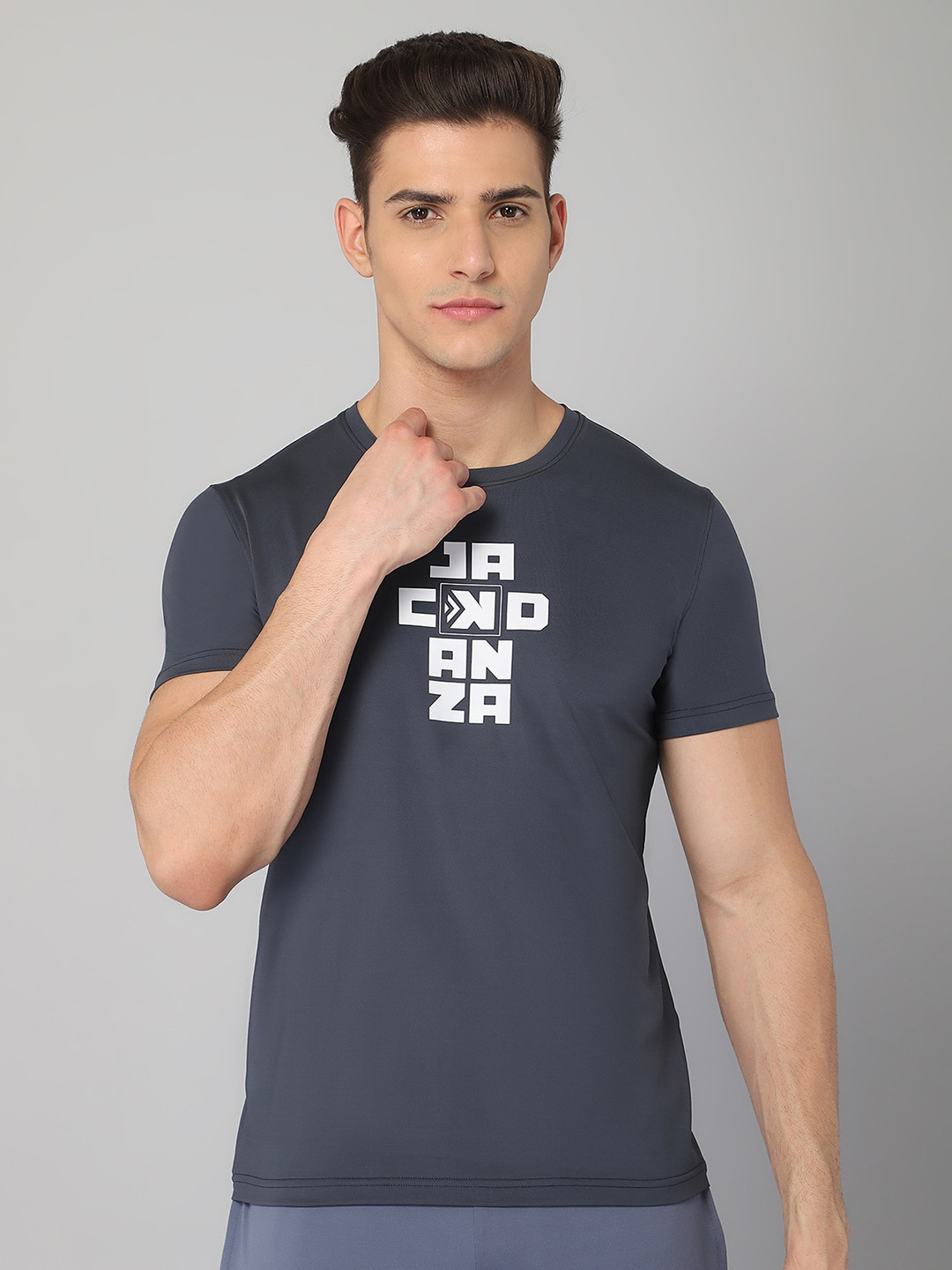 

JACKDANZA Men Charcoal & White Typography Printed T-shirt