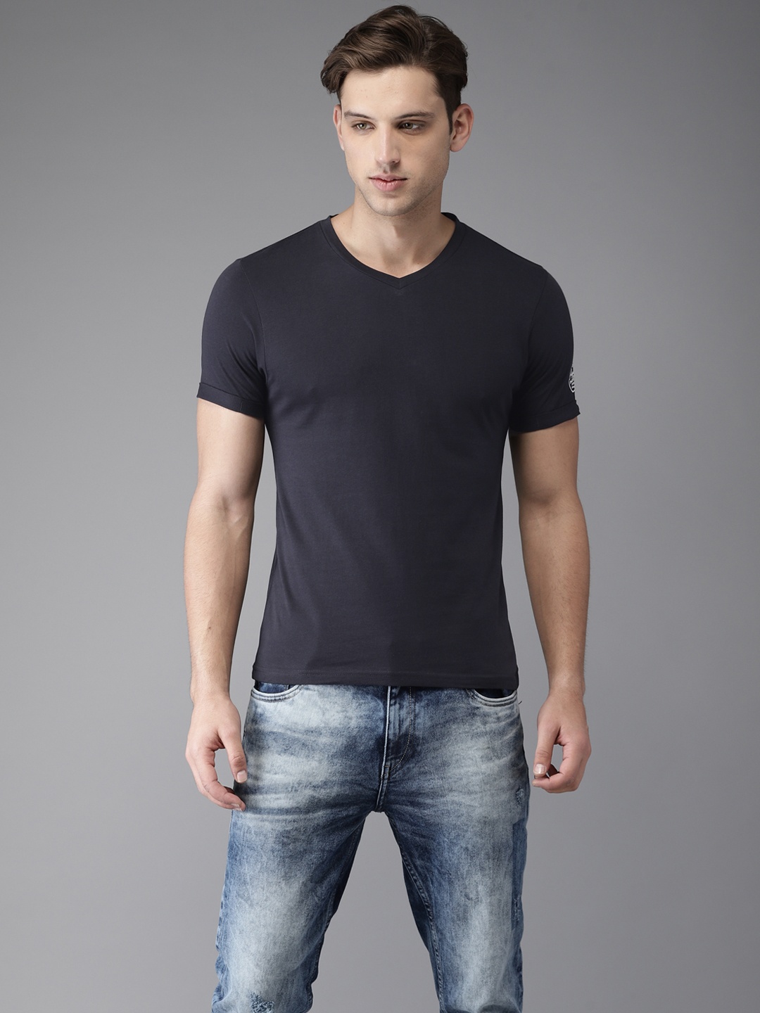 

Flying Machine Navy Blue Solid V-Neck Pure Cotton T-shirt