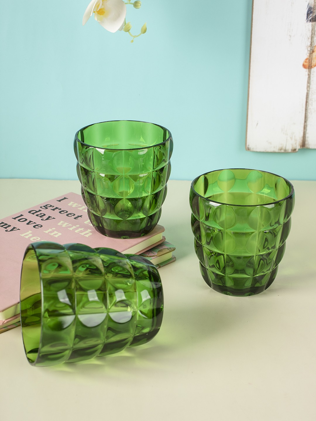 

MARKET99 Set Of 3 Green Textured Tumbler Set