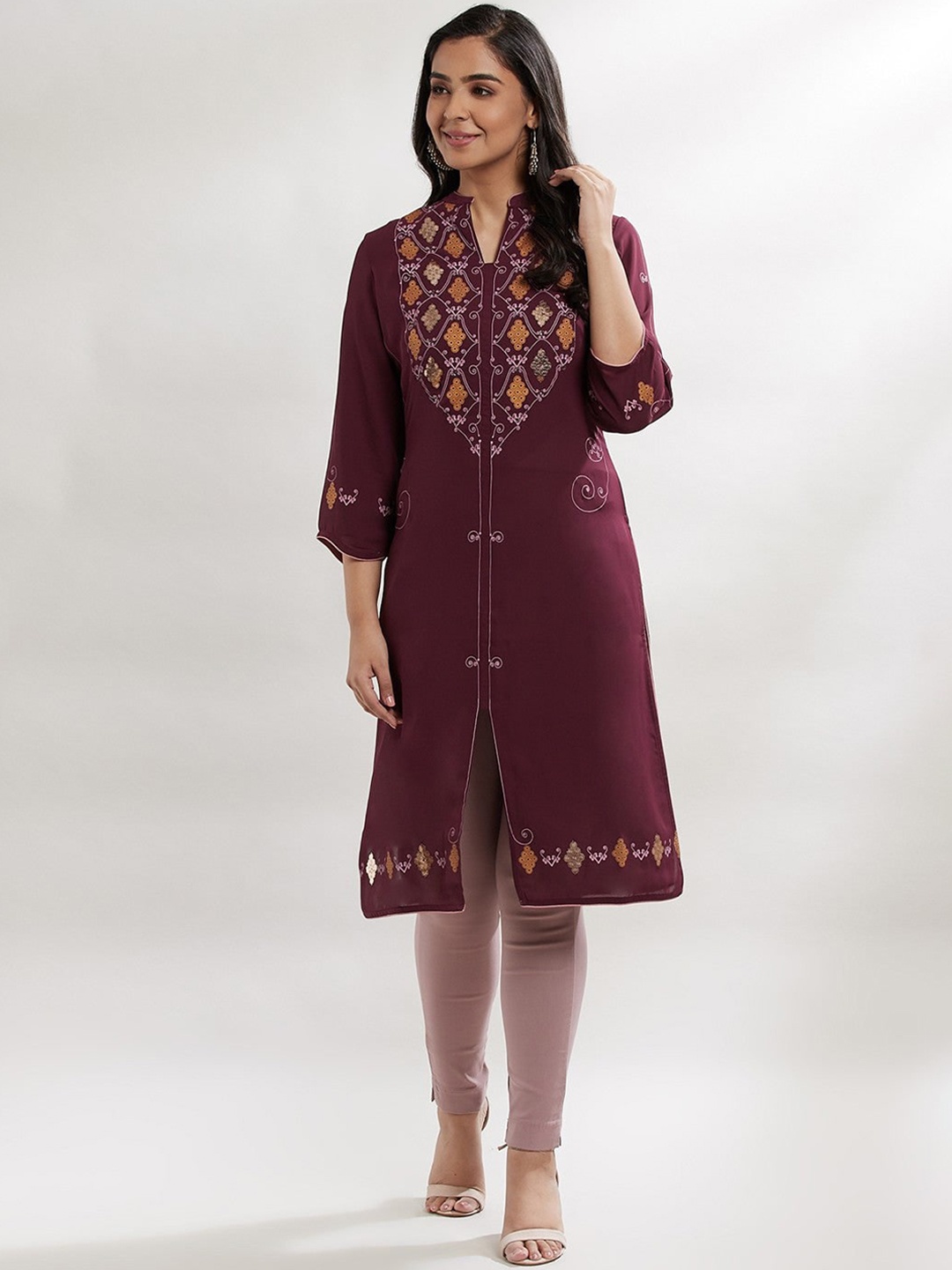 

Lakshita Women Burgundy Ethnic Motifs Yoke Design Georgette Kurta