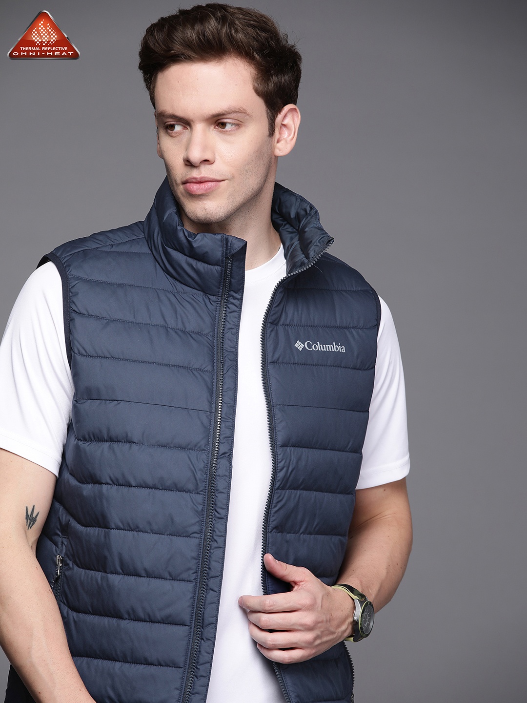 

Columbia Men Navy Blue Solid Omni-Heat Insulator Powder Lite Vest