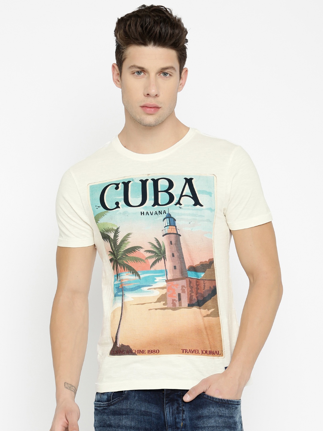 

Flying Machine Men Cream Printed Round Neck Pure Cotton T-shirt