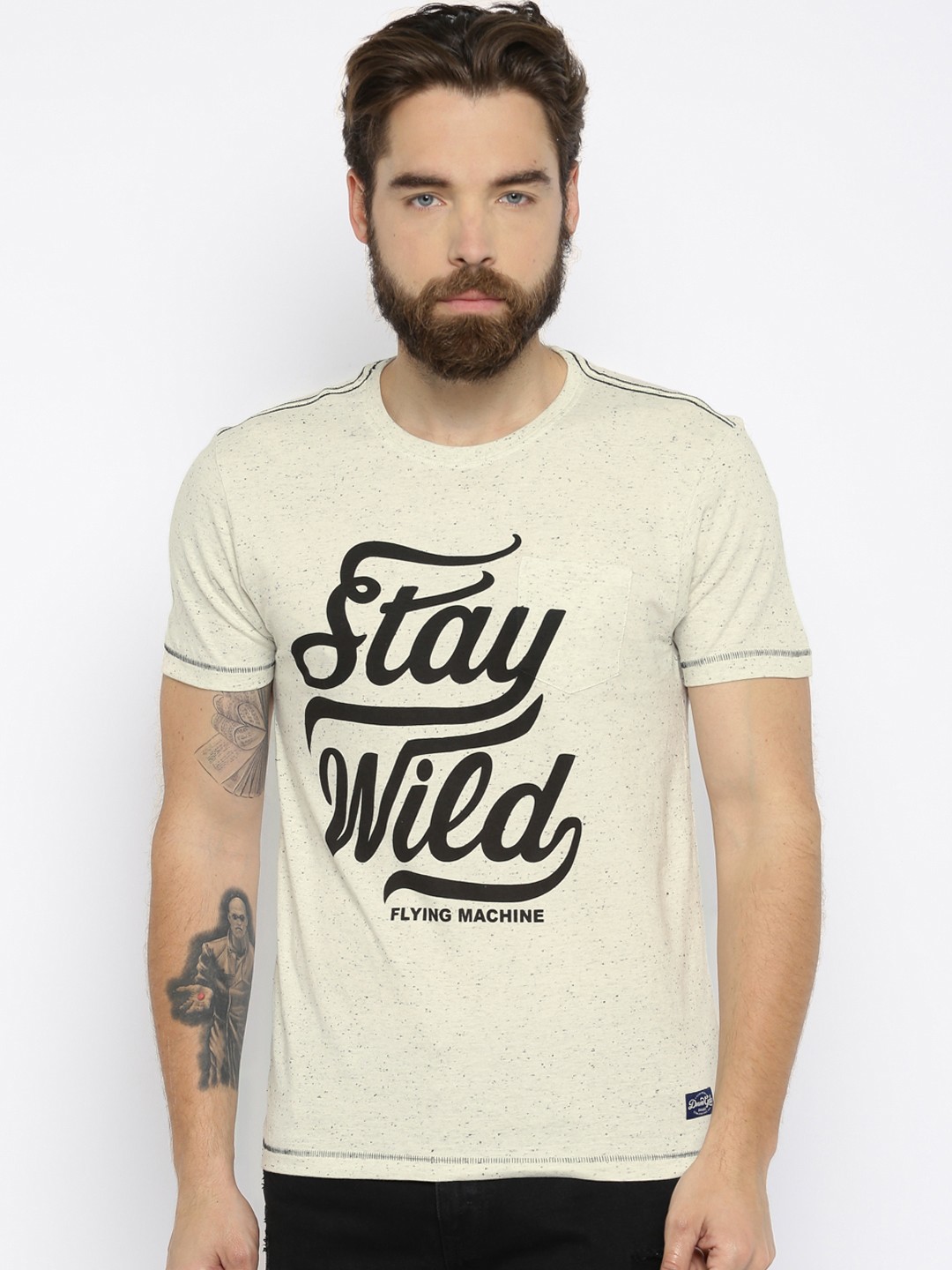 

Flying Machine Men Cream-Coloured Printed T-shirt