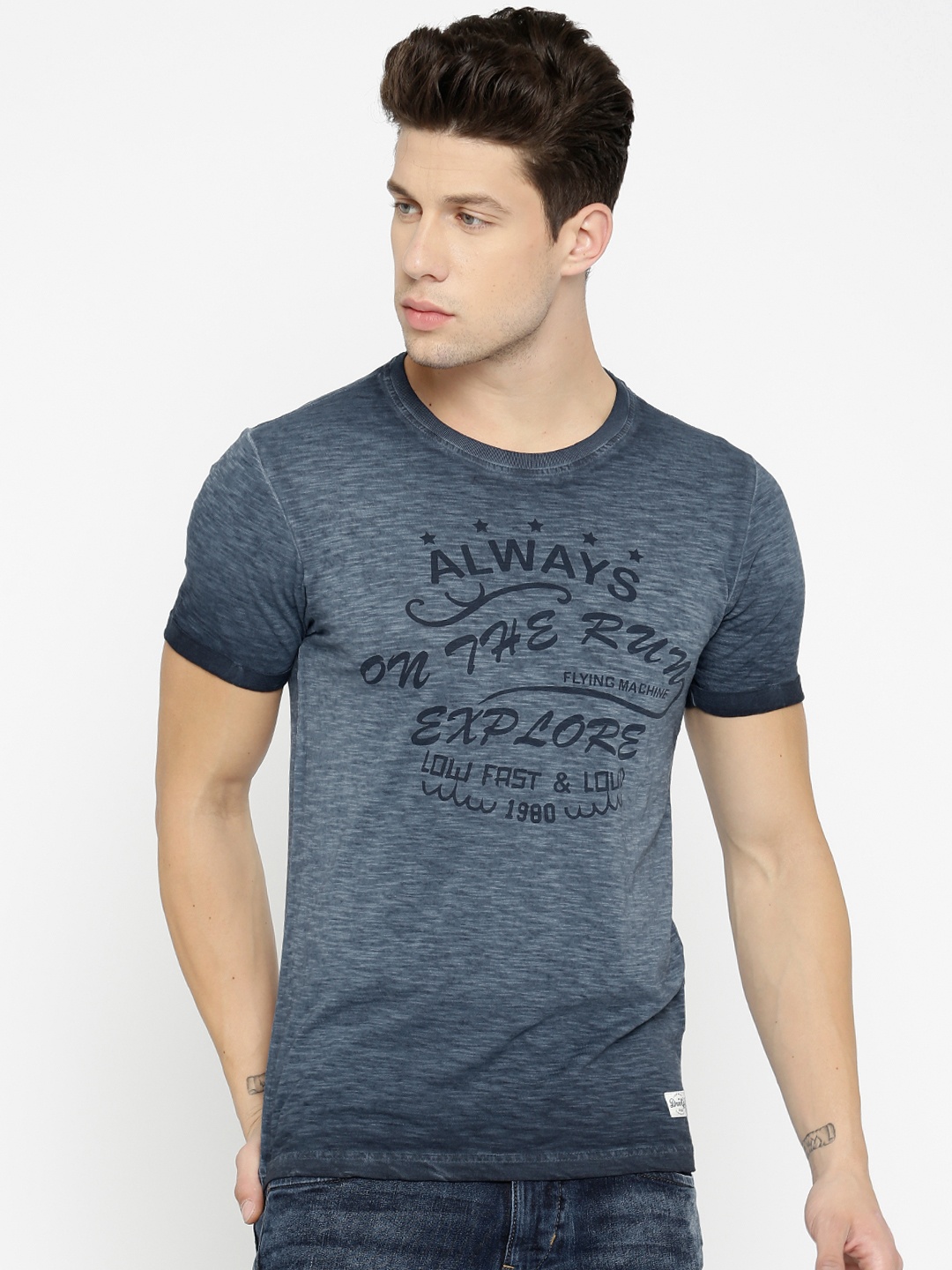 

Flying Machine Men Blue Printed Dyed Round Neck Pure Cotton T-shirt