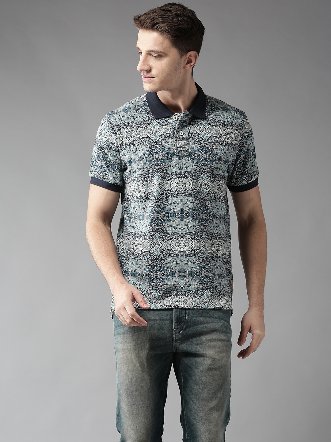 

Flying Machine Men Blue Printed Polo Collar T-shirt, Na