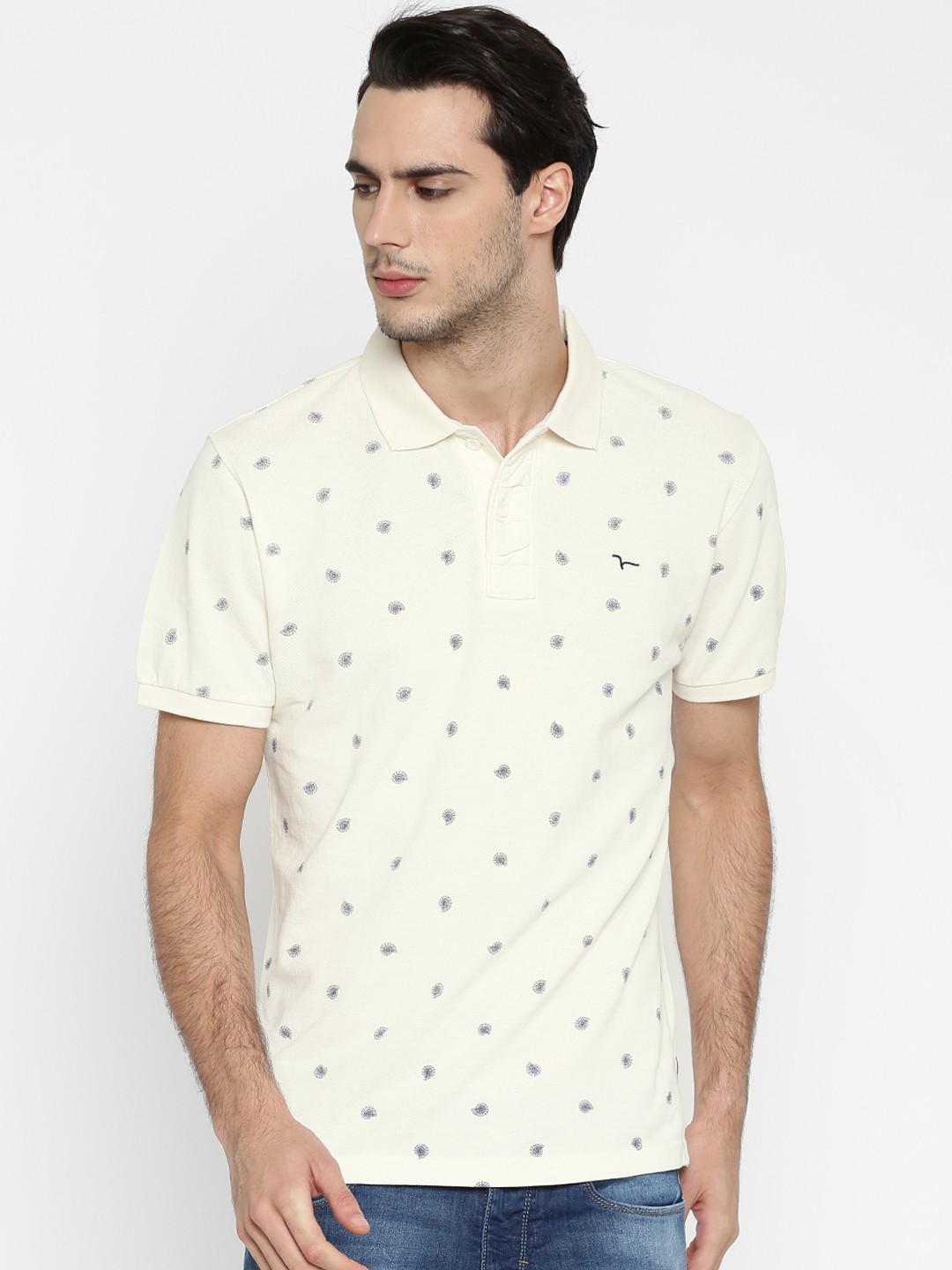 

Flying Machine Men Off-White Printed Polo Collar Pure Cotton T-shirt