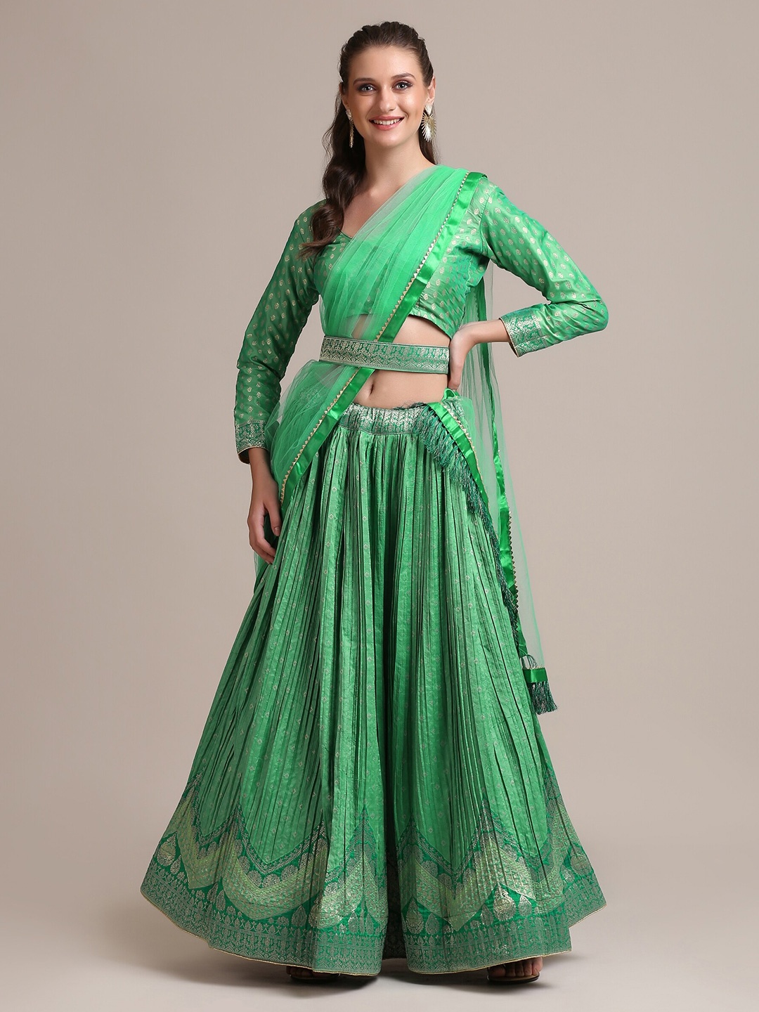 

Warthy Ent Green & Silver-Toned Semi-Stitched Lehenga & Unstitched Blouse With Dupatta