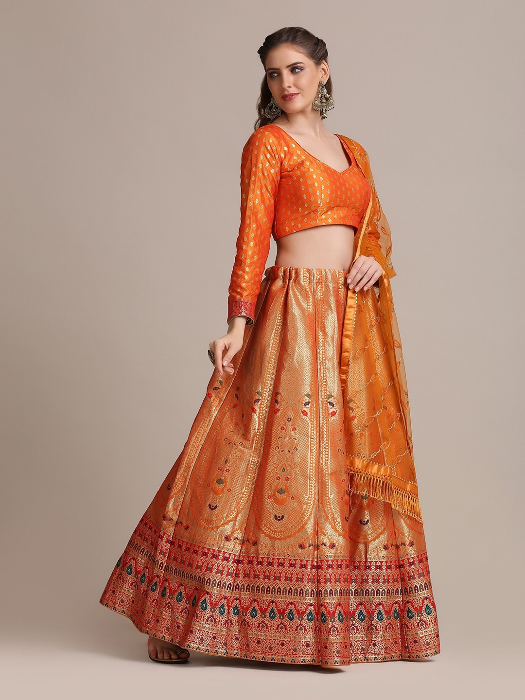 

Warthy Ent Orange & Gold-Toned Semi-Stitched Lehenga & Unstitched Blouse With Dupatta