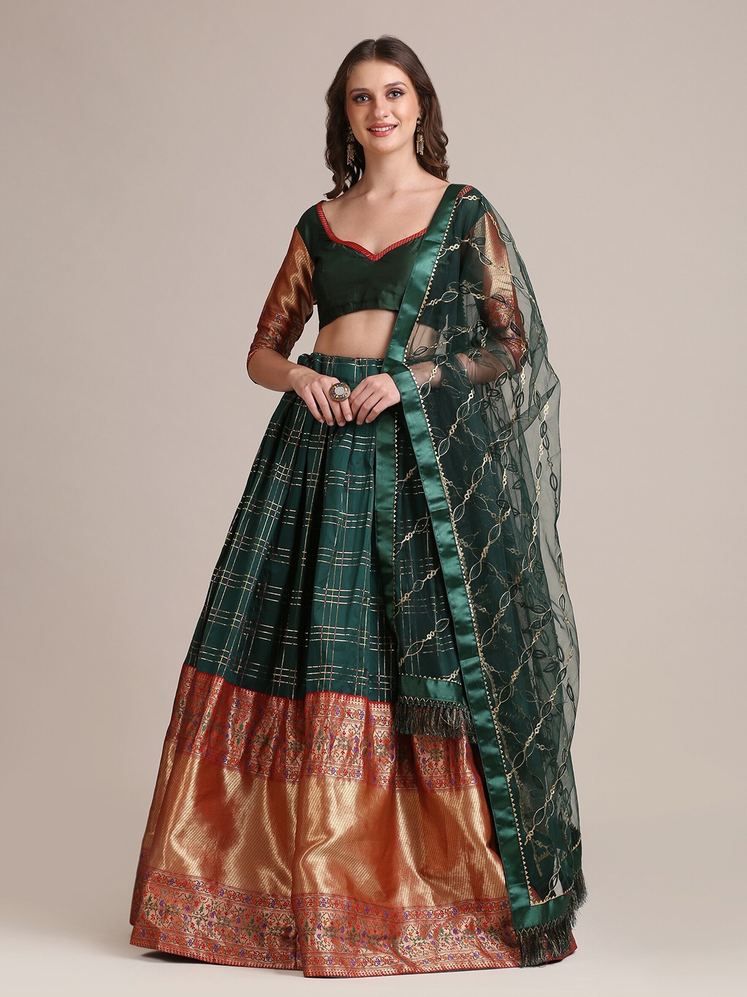 

Warthy Ent Green & Red Semi-Stitched Lehenga Choli