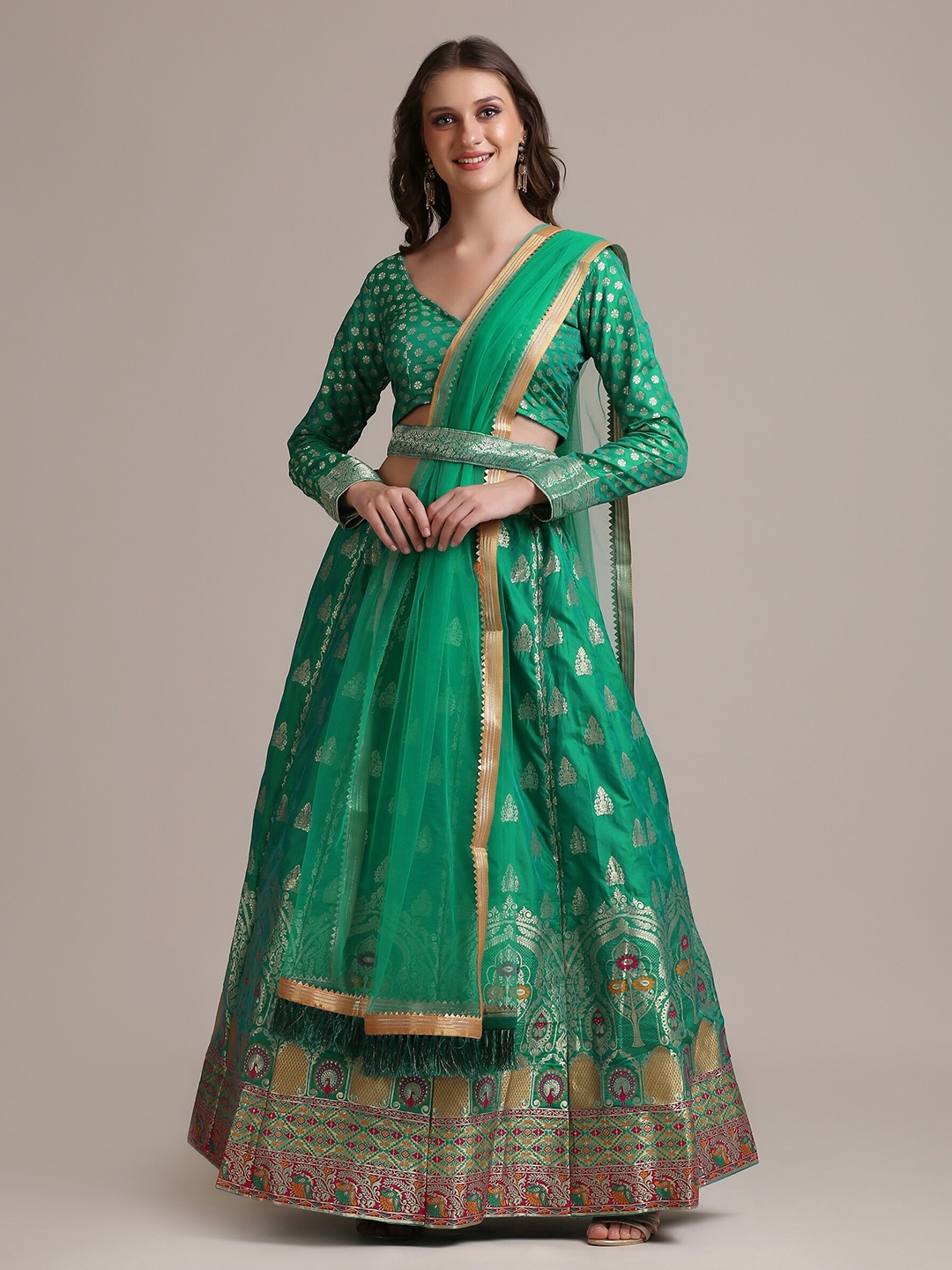 

Warthy Ent Green & Gold Semi-Stitched Lehenga & Unstitched Blouse With Dupatta