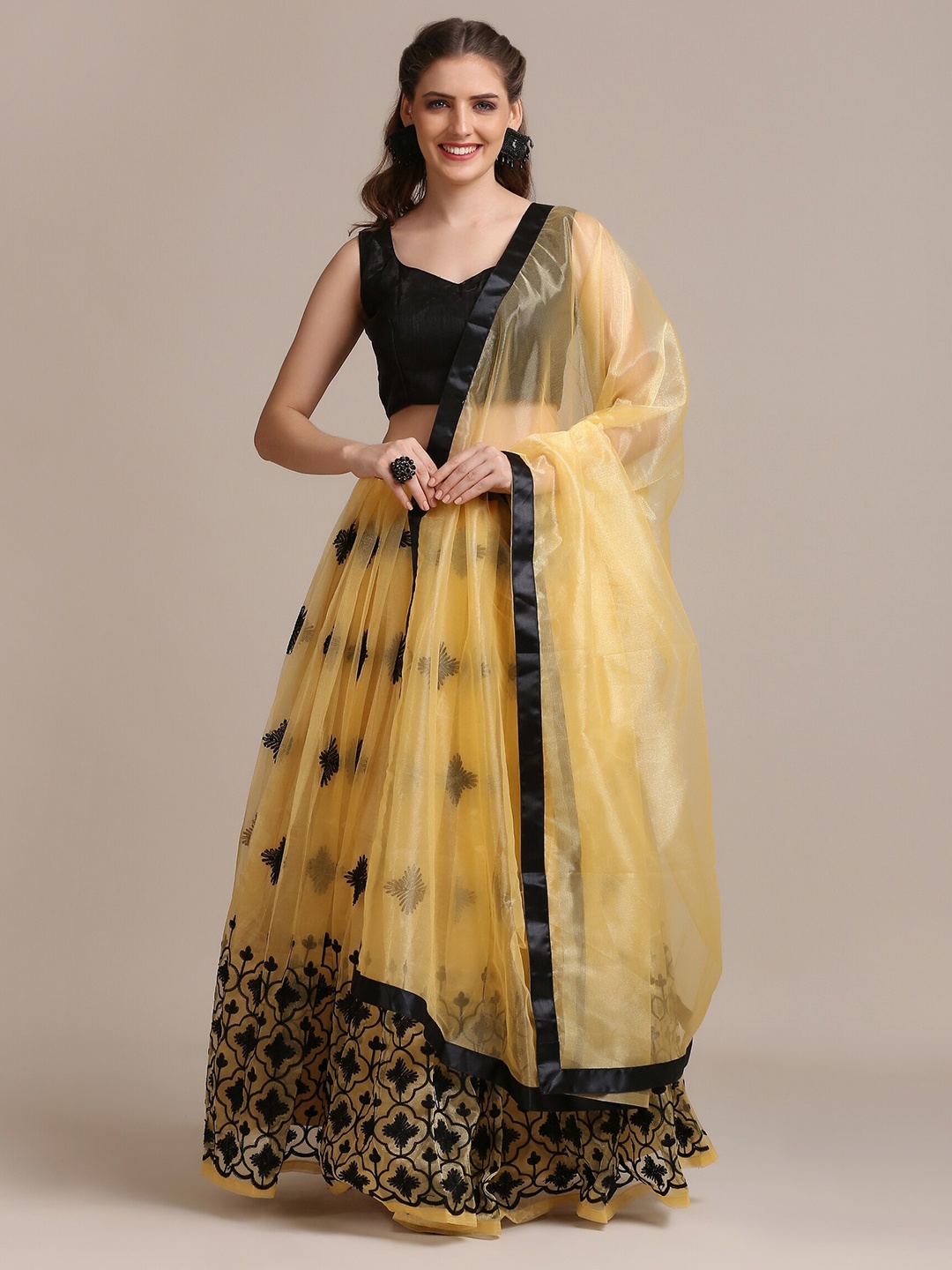 

Warthy Ent Cream-Coloured & Black Thread Work Semi-Stitched Lehenga & Unstitched Blouse With Dupatta