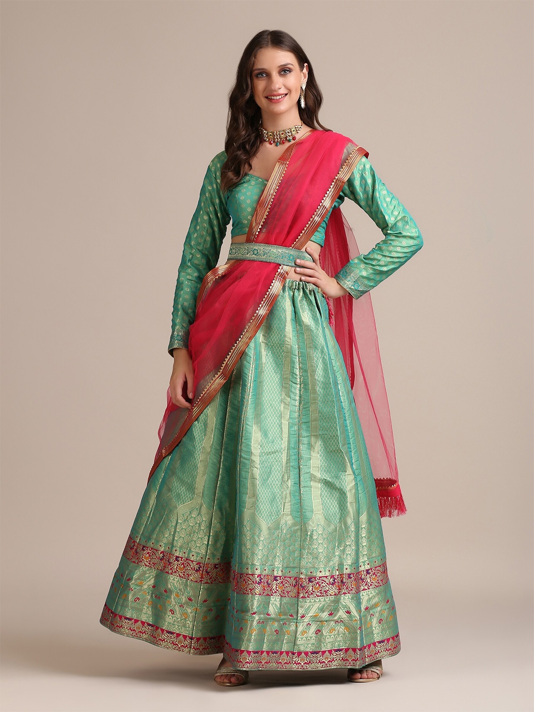 

Warthy Ent Women Green & Pink Semi-Stitched Lehenga & Unstitched Blouse With Dupatta
