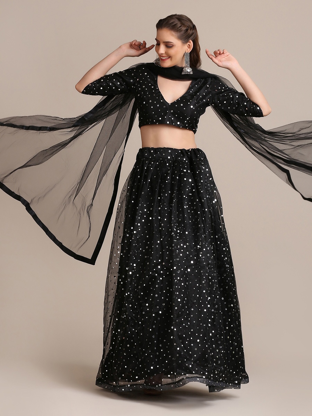 

Warthy Ent Black & Silver-Toned Embellished Sequinned Semi-Stitched Lehenga & Unstitched Blouse With Dupatta