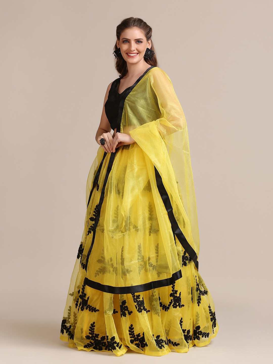 

Warthy Ent Yellow & Black Thread Work Semi-Stitched Lehenga Choli