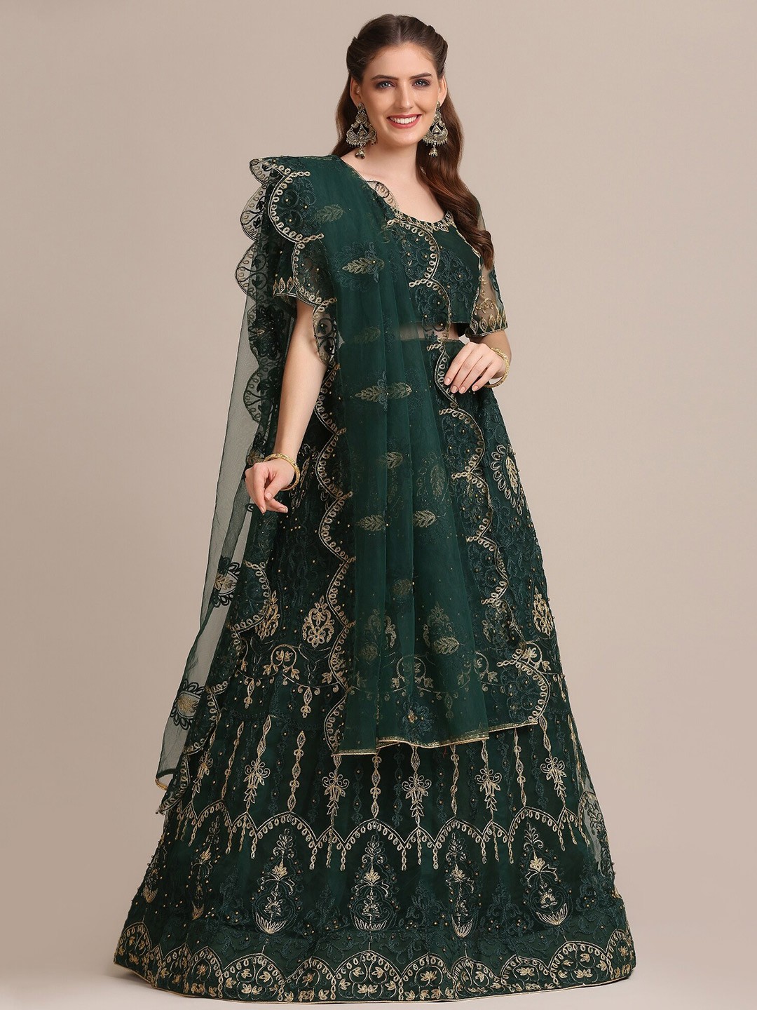 

Warthy Ent Green & Gold-Toned Embroidered Thread Work Semi-Stitched Lehenga & Unstitched Blouse With Dupatta