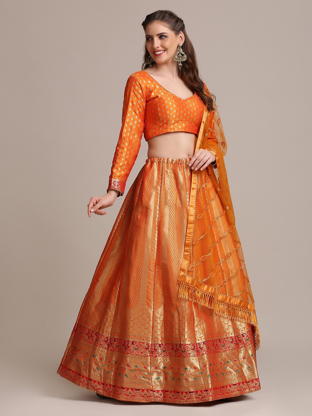 

Warthy Ent Mustard & Gold-Toned Semi-Stitched Lehenga Choli