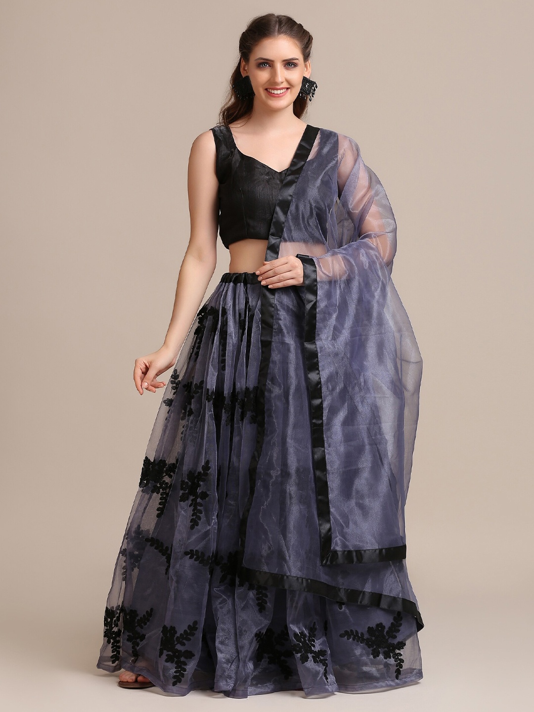 

Warthy Ent Grey & Black Thread Work Semi-Stitched Lehenga Choli