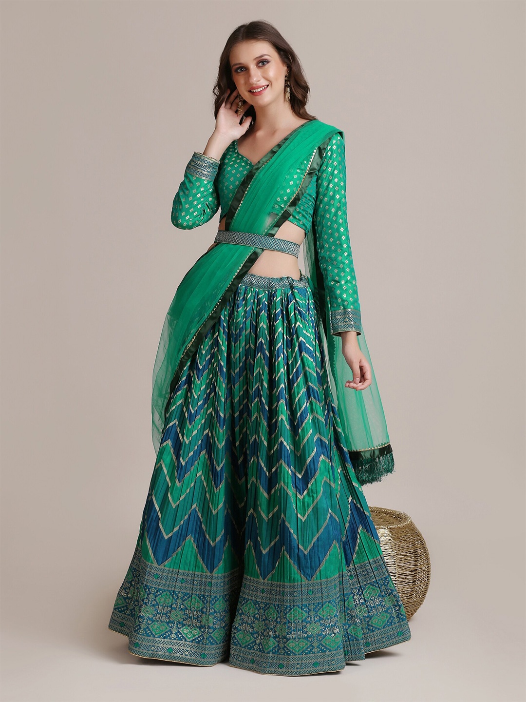 

Warthy Ent Green & Blue Semi-Stitched Lehenga & Unstitched Blouse With Dupatta
