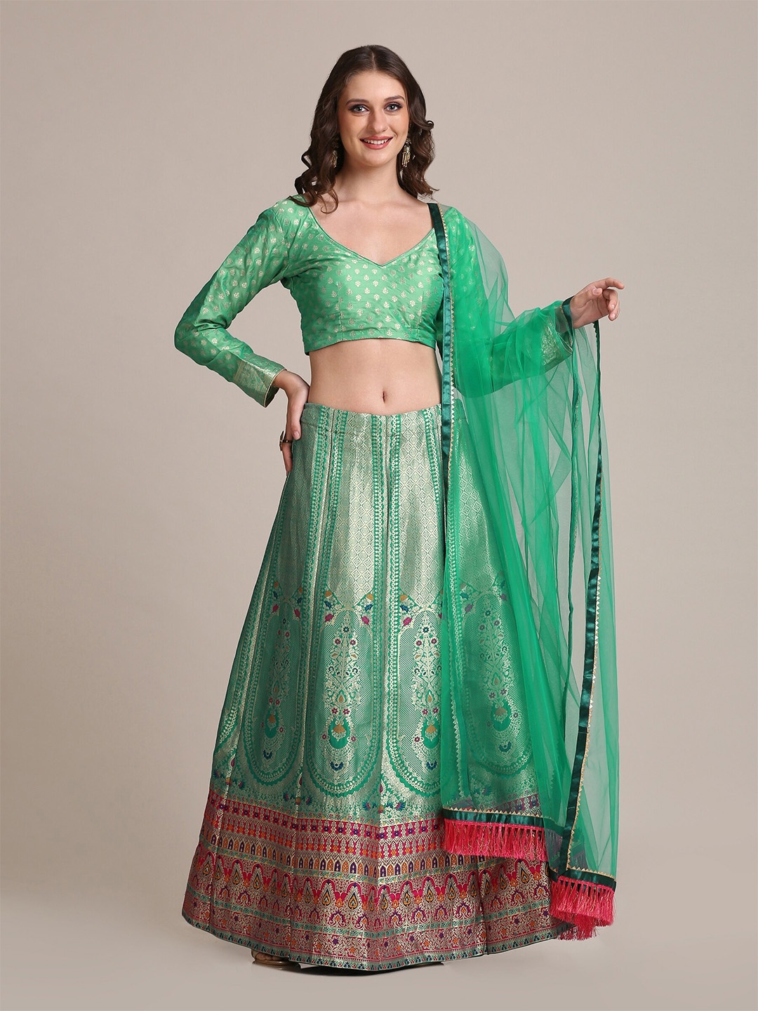 

Warthy Ent Green & Red Woven Design Semi-Stitched Lehenga & Unstitched Choli With Dupatta