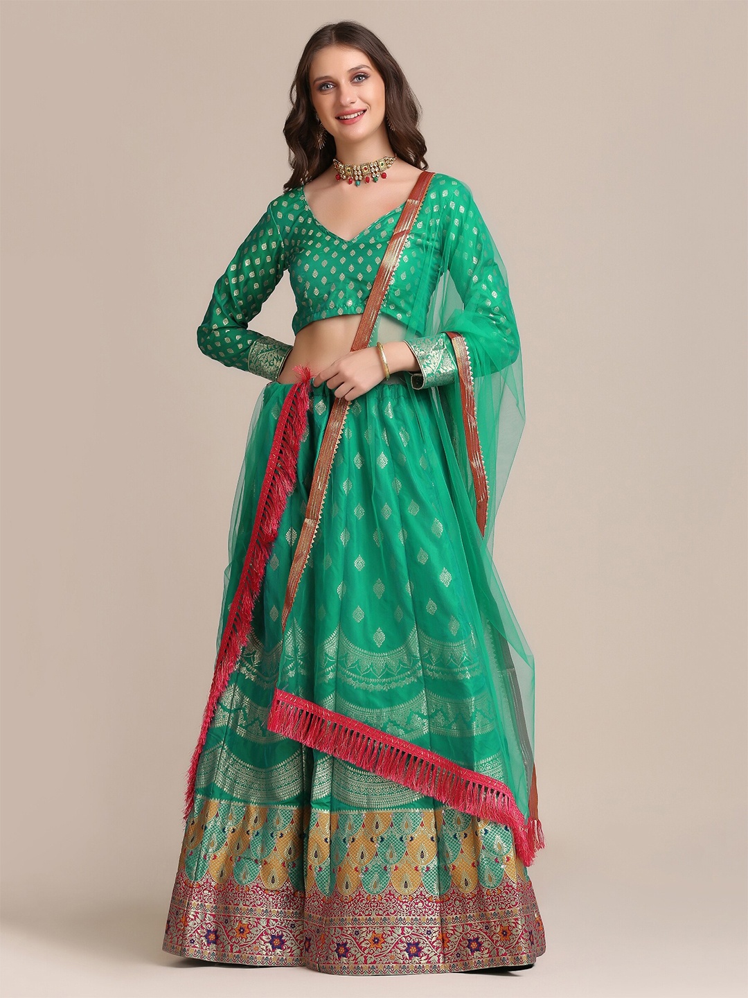 

Warthy Ent Green & Red Semi-Stitched Lehenga & Unstitched Blouse With Dupatta