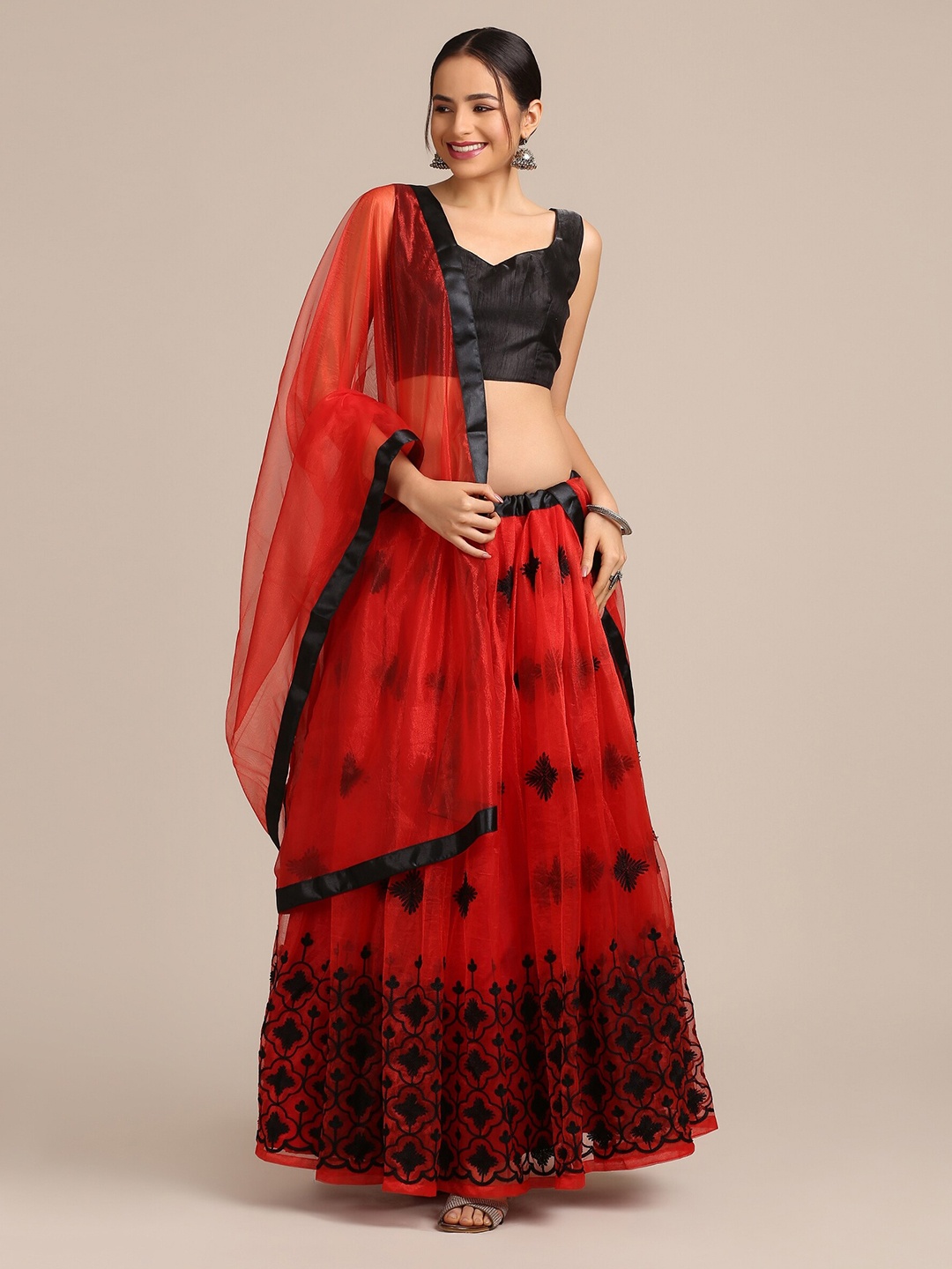 

Warthy Ent Red & Black Thread Work Semi-Stitched Lehenga & Unstitched Blouse With Dupatta