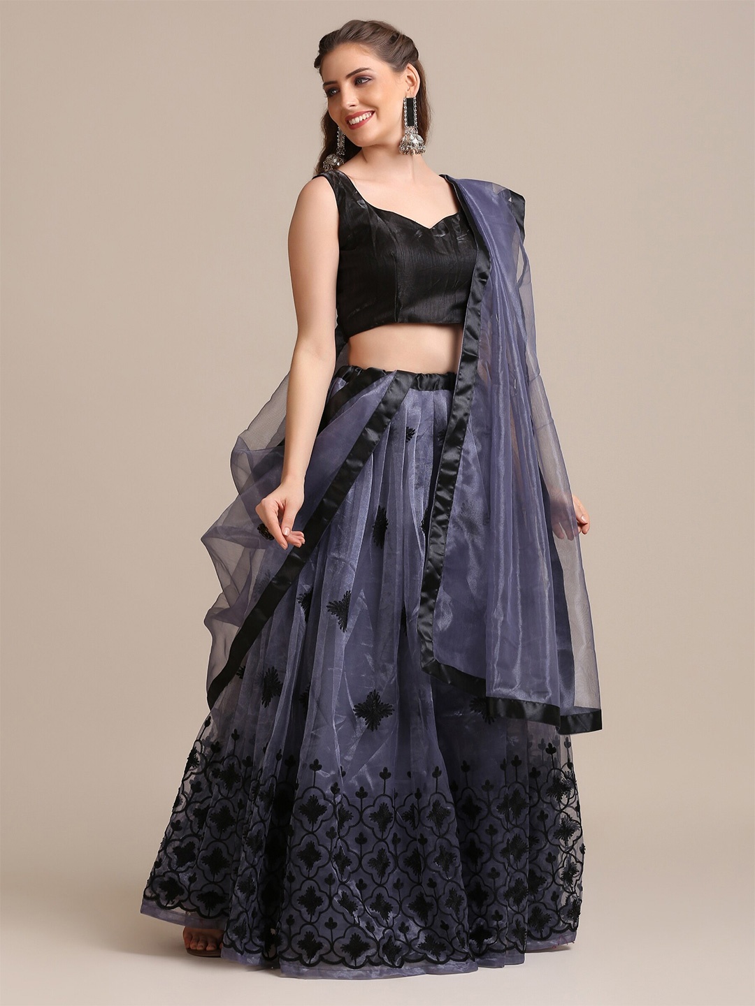 

Warthy Ent Black & Grey Thread Work Semi-Stitched Lehenga & Unstitched Blouse With Dupatta