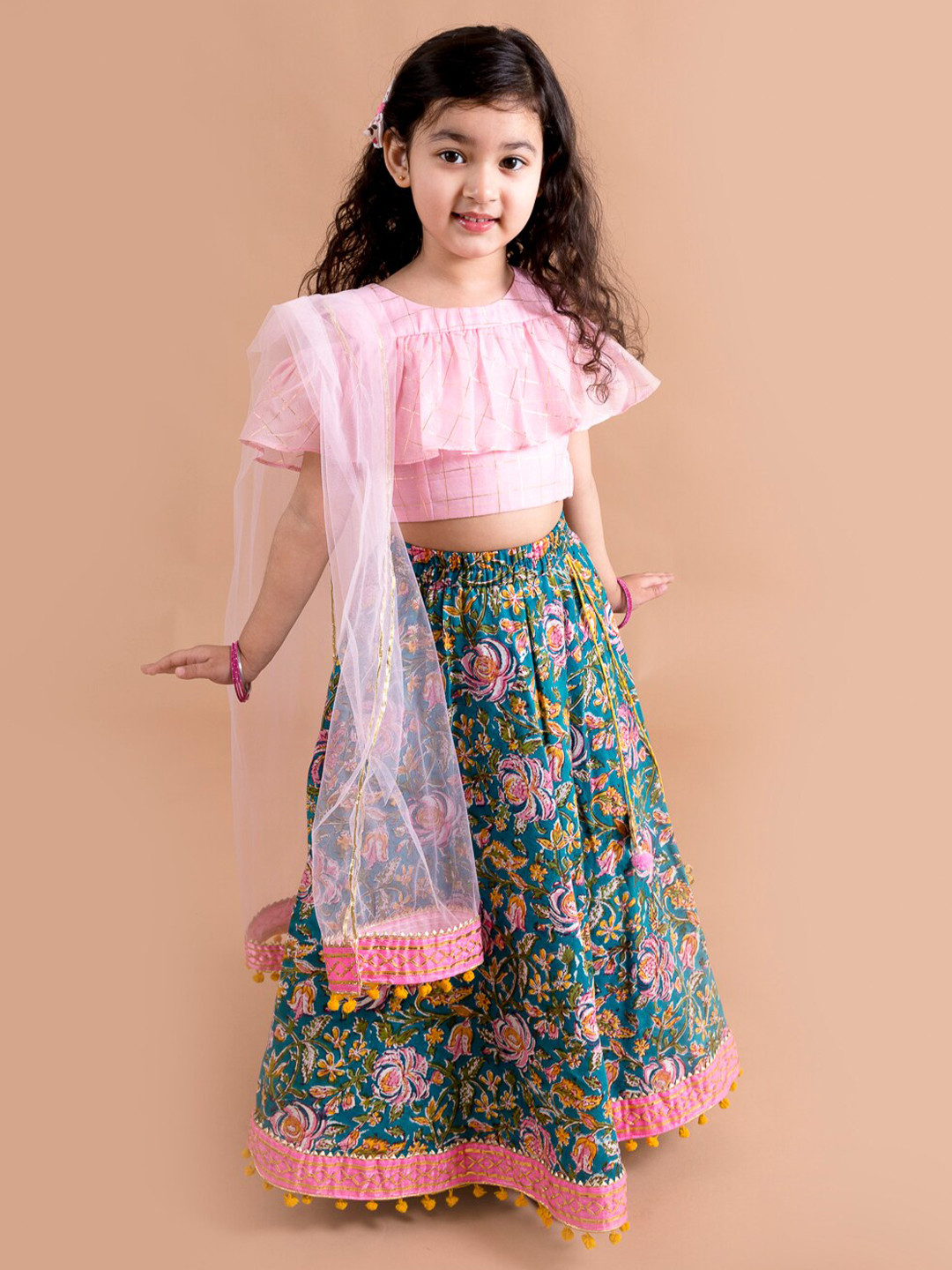 

pspeaches Girls Blue & Pink Ready to Wear Lehenga & Blouse With Dupatta