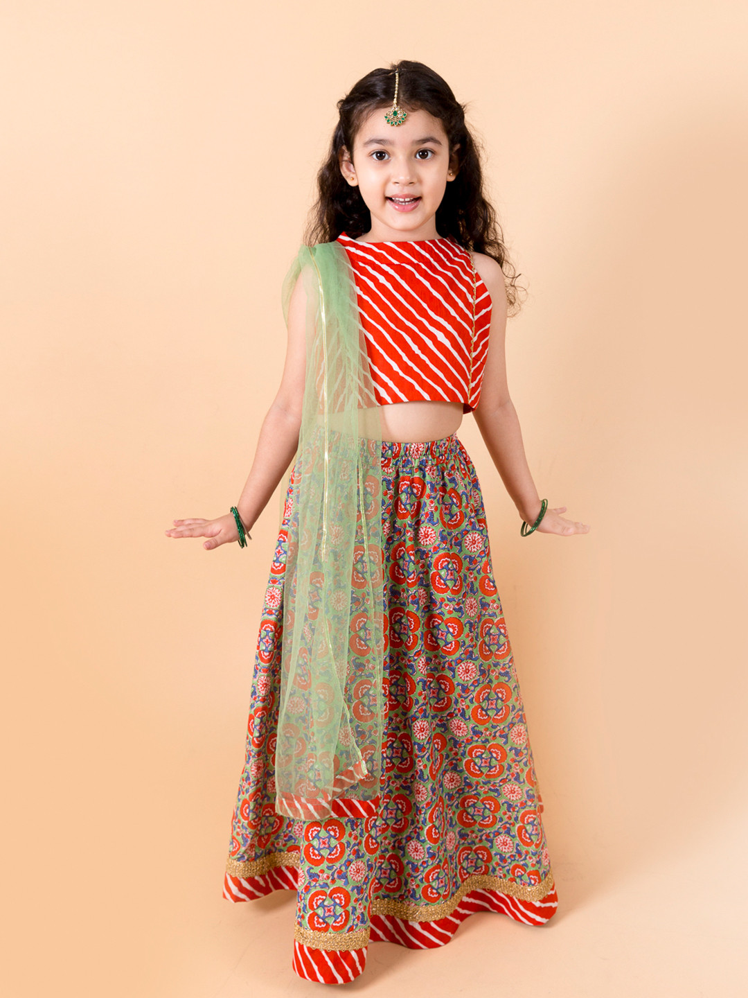 

pspeaches Girls Orange & Green Leheriya Print Ready to Wear Lehenga & Blouse With Dupatta
