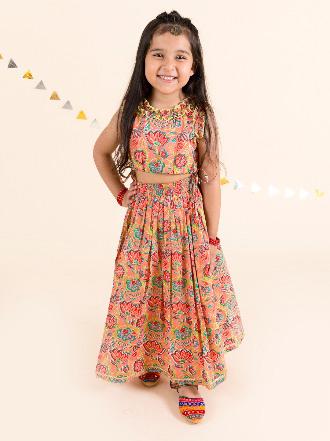 

pspeaches Girls Coral & Blue Printed Ready to Wear Cotton Lehenga Choli