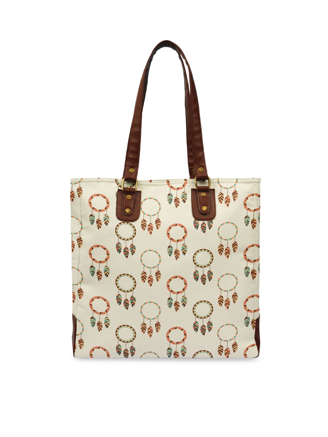 

Crazy Corner White Animal Printed Structured Tote Bag with Cut Work