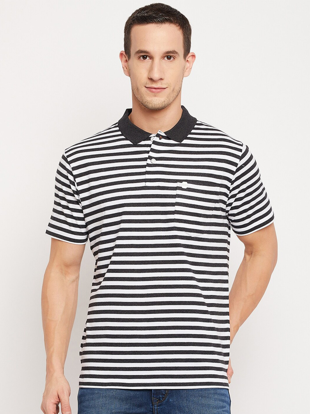 

Duke Men Grey Striped Polo Collar Monochrome T-shirt