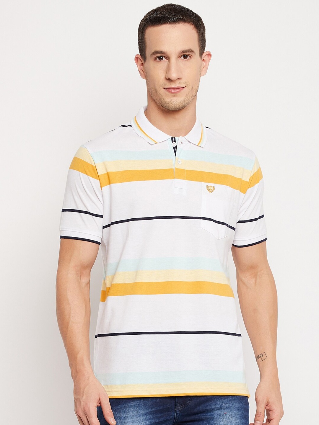 

Duke Men White & Yellow Striped Polo Collar T-shirt