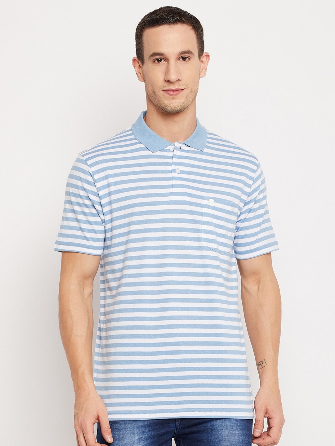 

Duke Men Blue Striped Polo Collar T-shirt