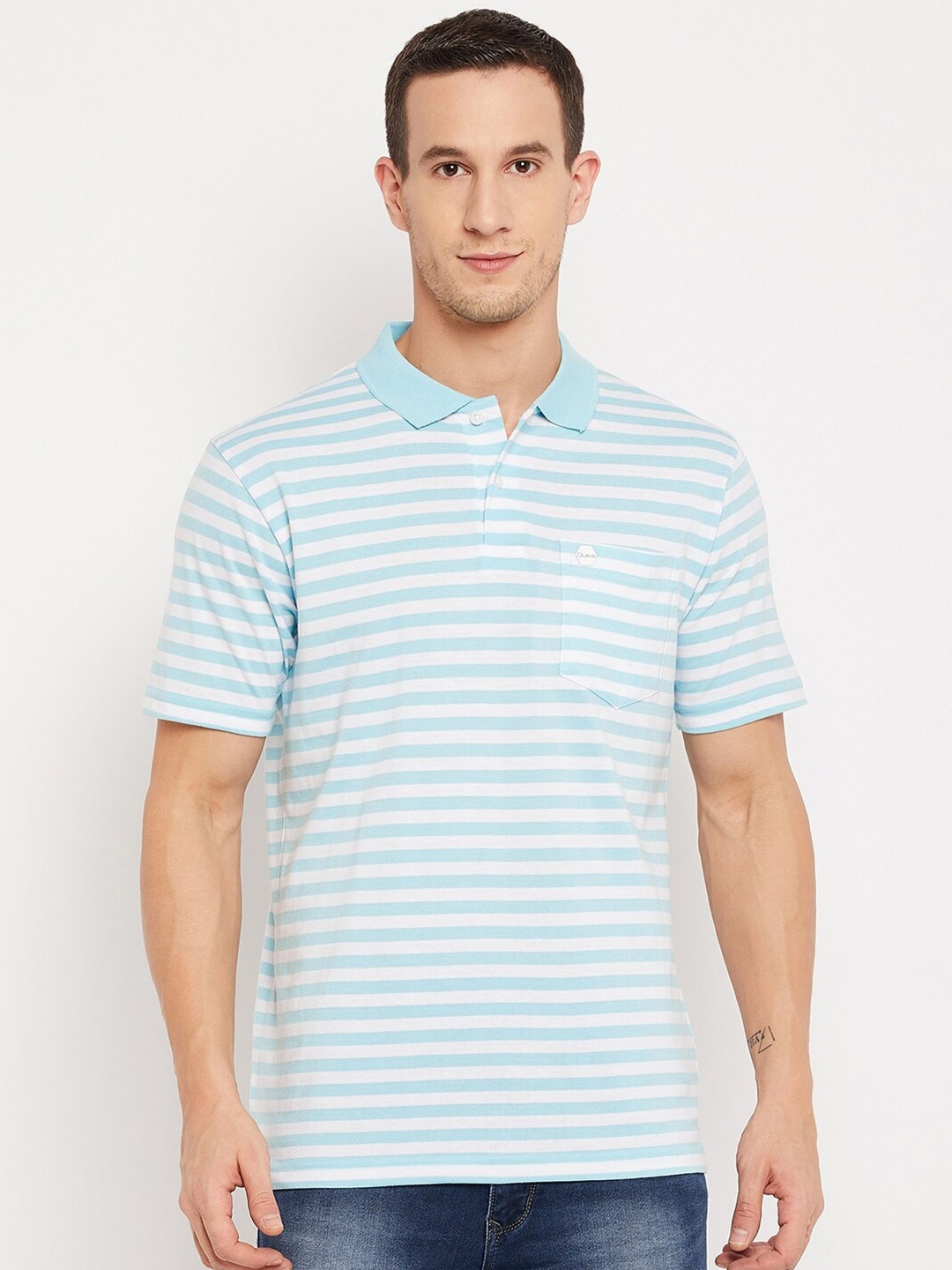 

Duke Men Striped Polo Collar T-shirt, Sea green