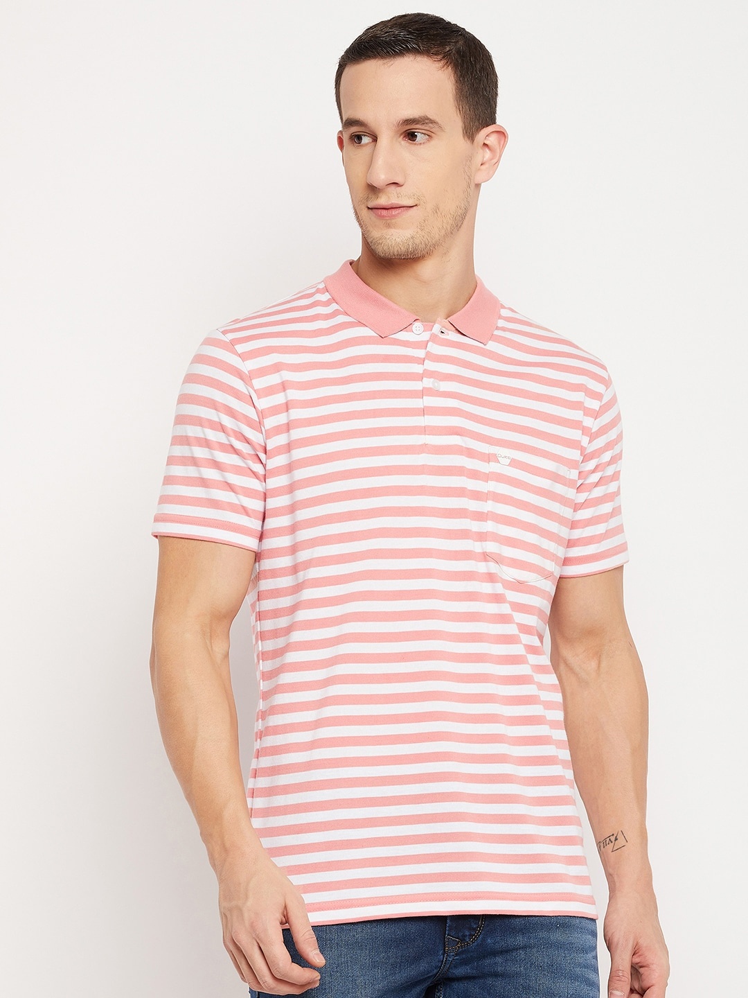 

Duke Men Pink Striped Polo Collar T-shirt