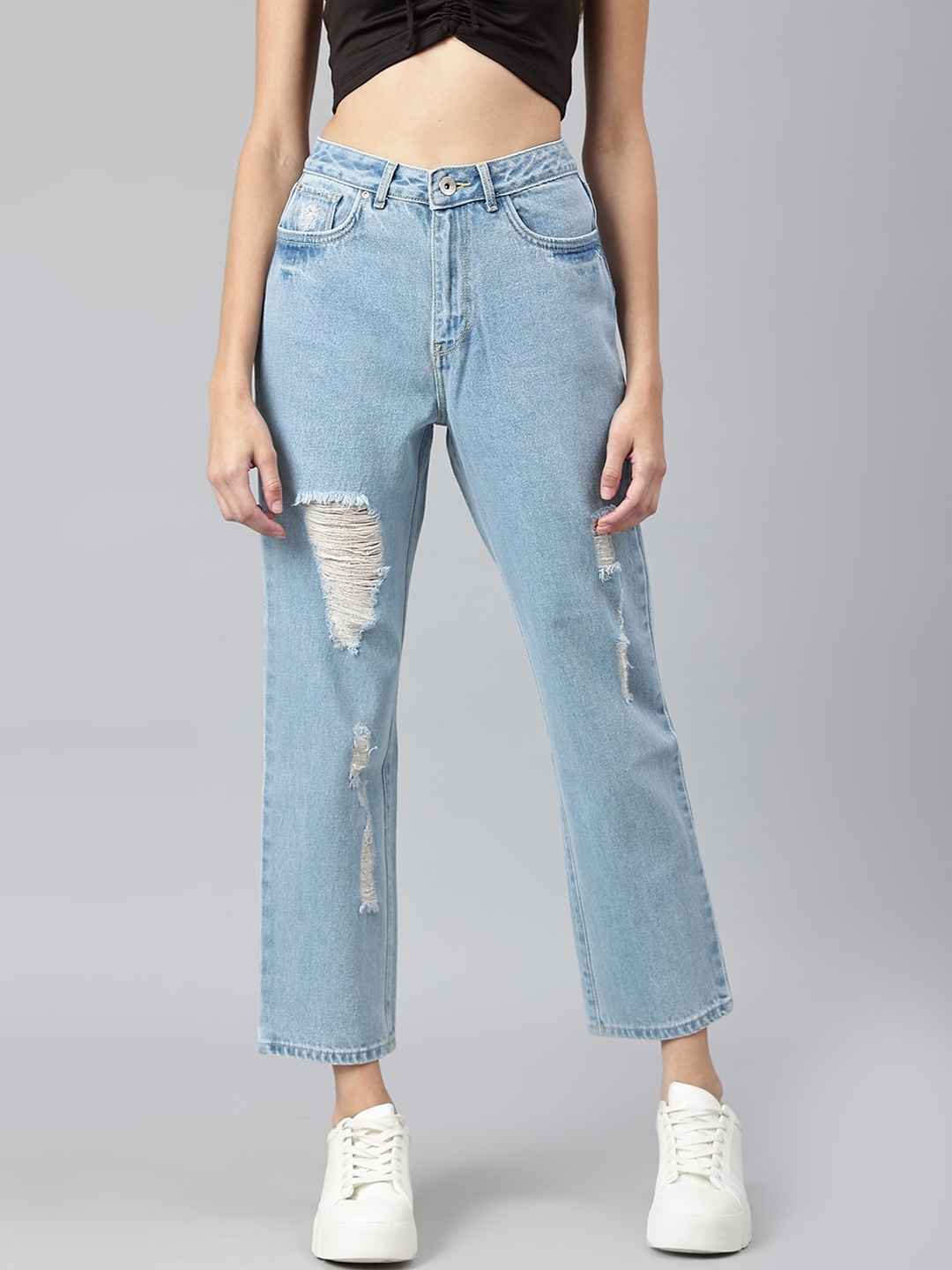 

Xpose Women Blue Comfort Straight Fit High-Rise Highly Distressed Cotton Jeans