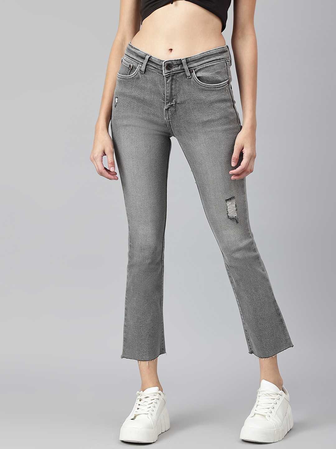 

Xpose Women Grey Comfort Bootcut High-Rise Low Distress Light Fade Stretchable Jeans